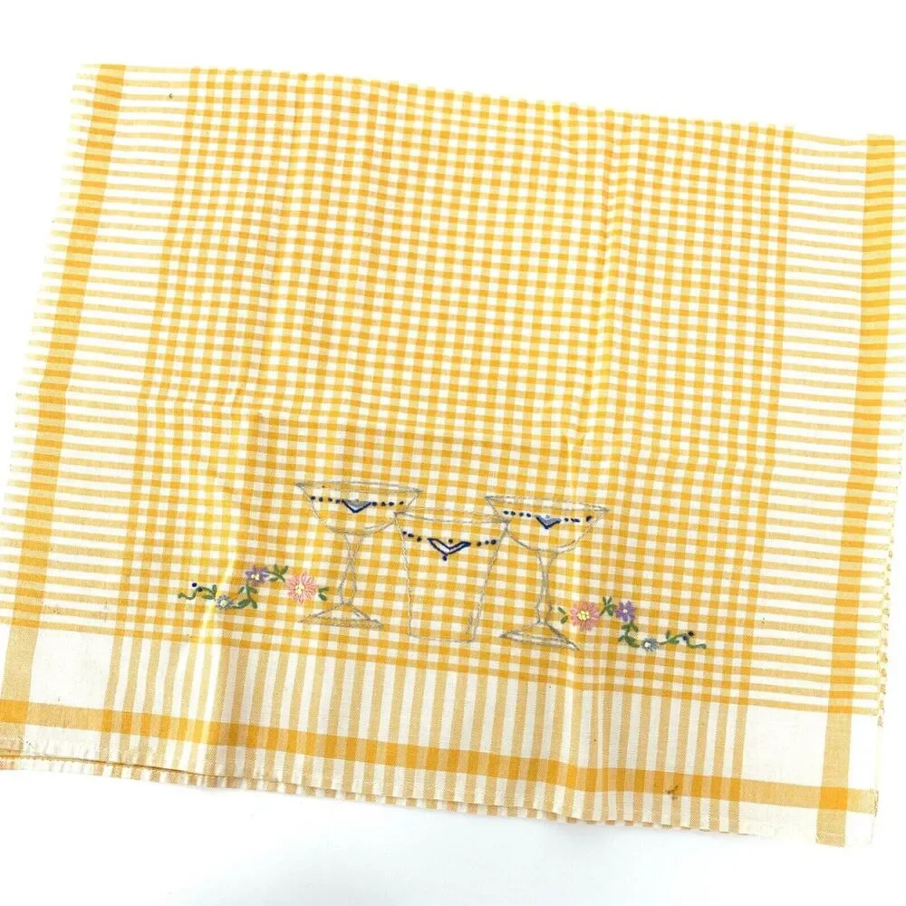 Vintage Gold Gingham Kitchen Towel Hand Embroidered Drinks and Floral Flowers